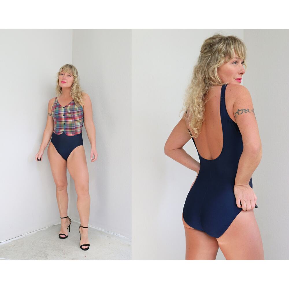 Vintage 1980's Jantzen Seersucker & Plaid One Piece Swimsuit ~ Women's XS SM